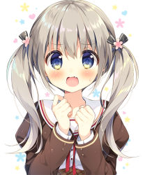 Rule 34 | 1girl, blue eyes, blush, character request, clenched hands, commentary request, copyright request, fang, flower, grey hair, hair flower, hair ornament, hands up, long sleeves, looking at viewer, neck ribbon, open mouth, red ribbon, ribbon, sailor collar, school uniform, solo, suimya, twintails, upper body