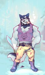 Rule 34 | 1boy, animal print, backhand, bara, belt, collar, doggo (undertale), furry, furry male, holding, holding knife, knife, leopard print, male focus, muscular, muscular male, null-ghost, pink tank top, raised eyebrow, red eyes, smoking, solo, spiked collar, spikes, tank top, undertale