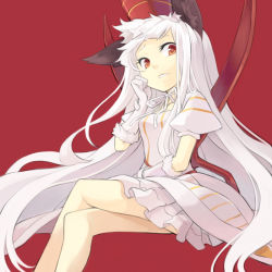 Rule 34 | 1girl, animal ears, bad id, bad pixiv id, crossed legs, dress, face, gloves, long hair, lord of vermilion, minoa (lastswallow), red eyes, red queen (lord of vermilion), simple background, sitting, solo, white hair