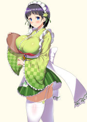Rule 34 | 1girl, absurdres, apron, ass, black hair, blue eyes, blush, breast press, breasts, covered erect nipples, curvy, feet out of frame, from side, hair ornament, hairclip, highres, holding, huge breasts, kawase seiki, kirigaya suguha, large breasts, long sleeves, looking at viewer, looking to the side, maid, maid apron, maid headdress, shiny clothes, short hair, solo, sword art online, thick thighs, thighhighs, thighs, wa maid, wide sleeves