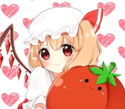 Rule 34 | 1girl, :3, bad id, bad pixiv id, blonde hair, blush, blush stickers, closed mouth, flandre scarlet, hair between eyes, hat, highres, looking at viewer, mob cap, pouty lips, red eyes, shinonome asu, short hair, short sleeves, solo, tomato, touhou, upper body, wings