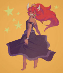 Rule 34 | 1girl, armlet, arms at sides, back, bare shoulders, barefoot, black dress, blush stickers, bowsette, bracelet, brianne neumann (ghostbri), collar, commentary, crown, dark skin, dark-skinned female, dress, earrings, english commentary, closed eyes, facing viewer, floating hair, from side, grin, hair between eyes, horns, jewelry, long dress, long hair, looking to the side, mario (series), new super mario bros. u deluxe, nintendo, red hair, sharp teeth, shoulder blades, sidelocks, smile, soles, solo, spiked armlet, spiked bracelet, spiked collar, spikes, strapless, strapless dress, super crown, teeth, thick eyebrows, toes, very long hair