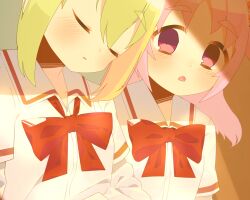 Rule 34 | 2girls, alina gray, amane hikari, blonde hair, blush, bow, bowtie, closed eyes, green hair, layered sleeves, long hair, long sleeves, looking at another, loose bowtie, magia record: mahou shoujo madoka magica gaiden, mahou shoujo madoka magica, medium hair, misono karin, multicolored hair, multiple girls, open mouth, parted bangs, purple eyes, purple hair, red bow, red bowtie, sakae general school uniform, school uniform, shirt, short over long sleeves, short sleeves, sidelocks, sleeping, streaked hair, two side up, white shirt, wing collar