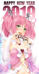 Rule 34 | 1girl, 2019, anal beads, bare shoulders, blush, breasts, bridal gauntlets, butterfly wings, commentary, detached collar, dildo, elbow gloves, english commentary, fairy, gloves, green eyes, hair ornament, happy new year, heart, highres, hunie (series), huniepop, insect wings, kopianget, kyu sugardust, looking at viewer, medium breasts, naughty face, navel, new year, official art, pink hair, rabbit vibrator, see-through, sex toy, short twintails, solo, tongue, tongue out, twintails, vibrator, white gloves, wings