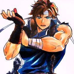 Rule 34 | 1boy, adjusting clothes, adjusting gloves, blue eyes, brown hair, castlevania (series), castlevania: rondo of blood, fingerless gloves, glove pull, gloves, highres, konami, male focus, marker (medium), muscular, open mouth, richter belmont, short hair, solo, taunting, traditional media, white background