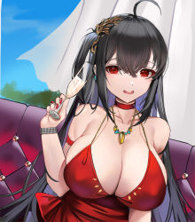 Rule 34 | 1girl, ahoge, alcohol, azur lane, black hair, breasts, champagne, champagne flute, choker, cleavage, cocktail dress, covered erect nipples, cup, dress, drinking glass, dutch angle, evening gown, gold necklace, halter dress, halterneck, highres, huge breasts, indoors, long hair, looking at viewer, mimiim, nail polish, necklace, official alternate costume, red choker, red dress, red eyes, red nails, sitting, smile, solo, taihou (azur lane), taihou (forbidden feast) (azur lane), very long hair