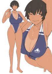 Rule 34 | 1girl, absurdres, adidas, armpits, barefoot, blue one-piece swimsuit, breasts, brown eyes, brown hair, cleavage, closed mouth, coach, competition school swimsuit, curvy, dark-skinned female, dark skin, flat color, full body, grin, gym teacher, half-closed eyes, halterneck, hand on own hip, highres, holding, holding whistle, huge breasts, looking at viewer, narrow waist, one-piece swimsuit, one-piece tan, one eye closed, original, puzenketsu, school swimsuit, short hair, simple background, smile, swimsuit, tan, tanline, thighs, toes, waan (puzenketsu), wet, whistle, whistle around neck, white background, wide hips