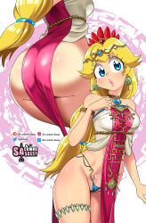 Rule 34 | 1girl, absurdres, artist name, ass, bare shoulders, blonde hair, blue eyes, blue panties, cameltoe, cleft of venus, collarbone, cosplay, cowboy shot, earrings, from behind, gluteal fold, highres, jewelry, lips, loincloth, long hair, mario (series), multiple views, nintendo, panties, parted lips, pink lips, princess peach, princess zelda, princess zelda (cosplay), pubic tattoo, sasa tseng, solo, standing, tattoo, the legend of zelda, the legend of zelda: tears of the kingdom, tiara, underwear, white background