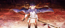 Rule 34 | 1girl, absurdres, artoria caster (fate), artoria caster (second ascension) (fate), artoria pendragon (fate), belt, beret, black gloves, blonde hair, blue belt, blue cape, blue capelet, blue cloak, bow, buttons, cape, capelet, cloak, double-breasted, dress, fate/grand order, fate (series), gloves, green eyes, hat, highres, holding, holding staff, hood, hooded cape, long hair, long sleeves, looking at viewer, marmyadose (fate), mogamigawa (mwft8758), multicolored cape, multicolored capelet, multicolored cloak, multicolored clothes, o-ring, o-ring belt, ornament, pantyhose, solo, staff, striped belt, twintails