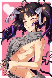 Rule 34 | 1girl, black hair, blush, bow, breasts, clothes pull, commentary request, demon girl, demon horns, demon tail, grey sweater, hair bow, heart, highres, horns, kojo anna, kojo anna (3rd costume), long hair, looking at viewer, medium breasts, meme attire, multicolored hair, nanashi inc., nantyu-a, official alternate costume, one eye closed, open mouth, pointy ears, purple hair, sideboob, solo, sugar lyric, sweater, sweater pull, tail, two-tone hair, two side up, upper body, virgin killer sweater, virtual youtuber, white bow, yellow eyes