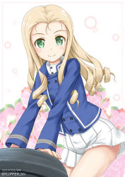 Rule 34 | 10s, 1girl, arm support, bc freedom military uniform, blonde hair, blue jacket, blue vest, closed mouth, commentary request, cowboy shot, dated, flipper, floral background, girls und panzer, green eyes, high collar, highres, jacket, leaning forward, long hair, long sleeves, looking at viewer, marie (girls und panzer), miniskirt, pleated skirt, shirt, skirt, smile, solo, standing, twitter username, vest, white shirt, white skirt