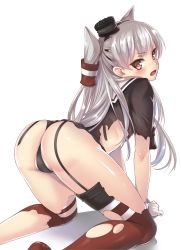 Rule 34 | 10s, 1girl, all fours, amatsukaze (kancolle), ass, black panties, blush, brown dress, brown eyes, dress, fang, gloves, hair tubes, hairband, highres, ipuu (el-ane koubou), kantai collection, long hair, looking at viewer, looking back, open mouth, panties, red thighhighs, sailor collar, sailor dress, silver hair, simple background, single glove, solo, striped clothes, striped thighhighs, thighhighs, torn clothes, torn dress, torn thighhighs, two side up, underwear, white background, white gloves
