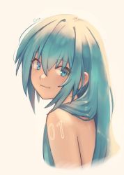Rule 34 | 1girl, aqua eyes, aqua hair, artist name, cillia, commentary, completely nude, cropped torso, english commentary, facing away, hair between eyes, hair down, hatsune miku, highres, light blush, light smile, long hair, looking at viewer, making-of available, nude, portrait, simple background, solo, tattoo, vocaloid, white background