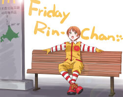 Rule 34 | 1girl, absurdres, bench, cosplay, english text, green eyes, highres, hoshizora rin, lens flare, love live!, maruyo, mcdonald&#039;s, open mouth, orange hair, parody, ronald mcdonald, ronald mcdonald (cosplay), short hair, sitting, socks, solo, striped clothes, striped sleeves, striped socks, teeth, upper teeth only