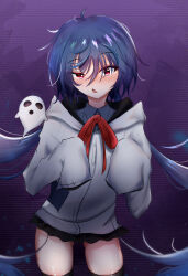 Rule 34 | 1girl, absurdres, black shirt, black skirt, black thighhighs, blue hair, blush, commentary, english commentary, ghost, highres, hood, hoodie, idol corp, long hair, long sleeves, looking at viewer, open mouth, red eyes, red ribbon, ribbon, shirt, skirt, sleeves past wrists, thighhighs, thinkuwu, twintails, virtual youtuber, white hood, white hoodie, yuko yurei, zettai ryouiki