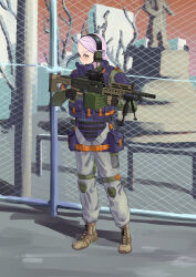 Rule 34 | 1girl, absurdres, black gloves, blush, boots, brown eyes, brown footwear, chain-link fence, closed mouth, commentary, cross-laced footwear, ear protection, fence, forehead, freckles, full body, gloves, green jacket, grey pants, gun, hair bun, headset, highres, holding, holding gun, holding weapon, jacket, lace-up boots, light machine gun, looking to the side, original, pants, parted bangs, pink hair, ryo 362020, solo, standing, statue, thick eyebrows, trigger discipline, weapon, weapon request