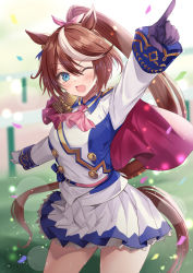 Rule 34 | 1girl, animal ears, asymmetrical gloves, bad id, bad twitter id, black gloves, blue eyes, blush, brown hair, buttons, cape, colored skin, cowboy shot, epaulettes, gloves, hair between eyes, harimoji, high ponytail, highres, horse ears, horse girl, horse tail, index finger raised, jacket, long hair, long sleeves, miniskirt, mismatched gloves, multicolored clothes, multicolored hair, multicolored jacket, one eye closed, open mouth, pleated skirt, red cape, single epaulette, skirt, smile, solo, streaked hair, tail, tokai teio (umamusume), two-tone hair, two-tone jacket, two-tone skirt, umamusume, white gloves, white hair, white jacket, white skin