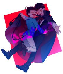 Rule 34 | 10s, 2boys, bangoul, cape, dual persona, english text, evil smile, fangs, formal, male focus, matsuno osomatsu, multiple boys, osomatsu-kun, osomatsu-san, osomatsu (series), outside border, red eyes, smile, suit, vampire costume