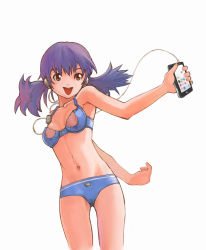 Rule 34 | 1girl, :d, armpits, bikini, breasts, brown eyes, cellphone, headphones, highres, iphone, long hair, navel, open mouth, original, phone, purple hair, saitani umetarou, see-through, small breasts, smartphone, smile, solo, swimsuit, twintails