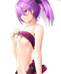 Rule 34 | 1girl, absurdres, aisha landar, arm at side, bare shoulders, blush, breasts, clothes lift, dobunezumi, elsword, from side, hair between eyes, highres, lifting own clothes, medium hair, navel, nipples, profile, purple eyes, purple hair, shirt lift, simple background, small breasts, solo, strapless, tube top, tube top lift, twintails, white background