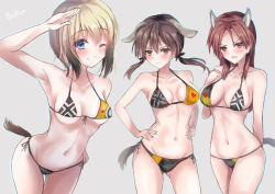 Rule 34 | 3girls, absurdres, animal ears, bikini, blonde hair, blue eyes, breasts, brown eyes, brown hair, collarbone, commentary request, cowboy shot, dog ears, dog tail, erica hartmann, flag print, front-tie top, gertrud barkhorn, grey background, grin, halterneck, hands on own hips, highres, leaning forward, long hair, looking at viewer, martinreaction, medium breasts, minna-dietlinde wilcke, multicolored bikini, multicolored clothes, multiple girls, print bikini, salute, short hair, side-tie bikini bottom, simple background, small breasts, smile, standing, strike witches, string bikini, swimsuit, tail, thigh gap, twintails, world witches series