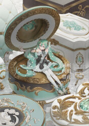 Rule 34 | 1girl, alternate costume, armpits, artist name, black collar, black dress, blue flower, blush, box, closed mouth, collar, commentary, detached collar, dress, english text, flower, frilled dress, frills, full body, gold footwear, green hair, hair between eyes, hair ornament, hatsune miku, high heels, highres, instagram username, mege (megechan), miku day, mirror, pantyhose, pom pom (clothes), reflection, sitting, sleeveless, smile, solo, symbol-only commentary, twitter username, vocaloid, white pantyhose