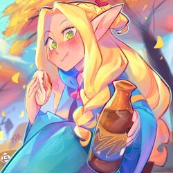 Rule 34 | 1girl, absurdres, autumn leaves, blonde hair, blue cape, blush, cape, dungeon meshi, eating, food, glass bottle, green eyes, highres, marcille donato, mulemount, offering, pointy ears, smile, soda bottle, tree