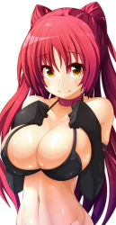 Rule 34 | 1girl, black bra, black gloves, bra, breasts, brown eyes, choker, cleavage, elbow gloves, gloves, highres, kousaka tamaki, large breasts, long hair, ooyama kina, red hair, simple background, smile, solo, to heart, to heart (series), to heart 2, underwear, white background