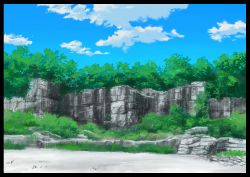 Rule 34 | absurdres, blue sky, bush, cloud, cloudy sky, day, forest, grass, highres, hirota (masasiv3), nature, no humans, outdoors, rock, scenery, shore, sky