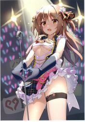 Rule 34 | 1girl, absurdres, belt, belt buckle, black gloves, black skirt, black vest, blush, breasts, brown eyes, brown hair, buckle, elbow gloves, flower, frilled skirt, frills, glint, gloves, glowstick, hair flower, hair ornament, hair ribbon, heart, heart hands, highres, kutata, long hair, medium breasts, microphone, nozomi (idol) (princess connect!), nozomi (princess connect!), open mouth, outstretched arms, pink belt, plaid, plaid skirt, plaid vest, princess connect!, remote control vibrator, ribbon, rose, scan, sex toy, skirt, solo, stage lights, thigh strap, two side up, underboob, very long hair, vest, vibrator, vibrator under clothes, white flower, white rose
