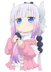 Rule 34 | 1girl, beads, blue eyes, blush, capelet, closed mouth, cropped torso, dated, dragon girl, dragon horns, dress, gradient hair, hair beads, hair ornament, highres, horns, kanna kamui, kobayashi-san chi no maidragon, long hair, long sleeves, looking at viewer, low twintails, multicolored hair, playing with own hair, purple dress, purple hair, samansa ex, simple background, slit pupils, solo, twintails, white background