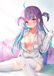 Rule 34 | 1girl, absurdres, ahoge, blue hair, blue nails, blush, braid, breasts, collared shirt, commentary request, dress shirt, highres, hololive, large breasts, long hair, long sleeves, looking at viewer, minato aqua, multicolored hair, nail polish, naked shirt, no bra, nogami (minamiituki), off shoulder, parted lips, partially unbuttoned, purple eyes, purple hair, shirt, sitting, sleeves past wrists, solo, thighhighs, two-tone hair, two side up, virtual youtuber, white shirt, white thighhighs