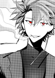 Rule 34 | 1boy, blowing smoke, chinese commentary, commentary request, earrings, greyscale, guanzhang-haoren, highres, jacket, jewelry, male focus, monochrome, open clothes, open jacket, red eyes, saibou shinkyoku, short hair, simple background, smile, smoke, solo, spot color, theodore riddle, white background