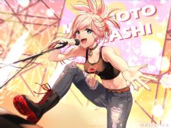 Rule 34 | artist name, blue eyes, boots, choker, denim, fate/grand order, fate (series), highres, holding, holding microphone, jeans, leaning forward, lock, meltyrice, microphone, midriff, miyamoto musashi (fate), outstretched arm, pants, stage lights, swept bangs, tank top, torn clothes, torn jeans, torn pants