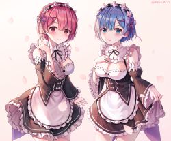 Rule 34 | 2girls, absurdres, apron, artist name, black bow, black dress, black ribbon, blue eyes, blue hair, blush, bow, breasts, cleavage, closed mouth, clothes lift, commentary request, contrapposto, cowboy shot, detached sleeves, dress, dress bow, dress lift, female focus, flower, frilled apron, frilled dress, frilled sleeves, frills, hair between eyes, hair flower, hair ornament, hand on own chest, hand up, head wreath, highres, juliet sleeves, large breasts, lifted by self, light smile, long sleeves, looking at viewer, maid, maid headdress, matching hair/eyes, monjja, multiple girls, neck ribbon, open mouth, petticoat, pink background, pink eyes, pink hair, puffy sleeves, ram (re:zero), re:zero kara hajimeru isekai seikatsu, rem (re:zero), ribbon, ribbon-trimmed collar, ribbon-trimmed dress, ribbon-trimmed sleeves, ribbon trim, roswaal mansion maid uniform, short hair, siblings, sisters, smile, teeth, twins, twitter username, upper teeth only, waist apron, white apron, white bow, wide sleeves, x hair ornament