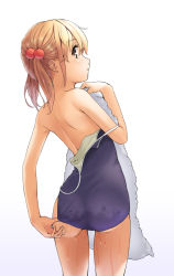 Rule 34 | 1girl, adjusting clothes, adjusting swimsuit, ass, bad id, bad pixiv id, bare shoulders, blonde hair, blue one-piece swimsuit, brown eyes, closed mouth, from behind, hair bobbles, hair ornament, holding, legs apart, off shoulder, one-piece swimsuit, original, profile, short hair, short twintails, simple background, solo, standing, swimsuit, thighs, towel, twintails, water, wet, wet clothes, wet swimsuit, white background, yoropa