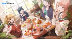 Rule 34 | + +, 4girls, airi (blue archive), animal ears, black hair, blue archive, brown eyes, brown hair, cat ears, colored inner hair, cup, doughnut, eating, flower, food, fork, fruit, halo, holding, holding cup, holding fork, indoors, kawa683, kazusa (blue archive), lily (flower), long hair, long sleeves, looking at viewer, macaron, medium hair, multicolored hair, multiple girls, natsu (blue archive), official art, open mouth, orange hair, parfait, pink eyes, pink hair, school uniform, serafuku, smile, strawberry, teacup, teapot, twintails, white serafuku, window, yoshimi (blue archive)