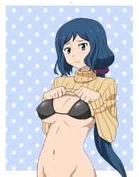 Rule 34 | 10s, 1girl, ass, black bra, black lingerie, blue hair, blush, bra, breasts, cleavage, clothes lift, covered erect nipples, green eyes, groin, gundam, gundam build fighters, highres, hip focus, image sample, iori rinko, large breasts, lifted by self, lingerie, long hair, midriff, mature female, navel, pixiv sample, ponytail, pov, resized, ribbed sweater, sasayama (ushijimaxxxxx), smile, sweater, sweater lift, turtleneck, underwear