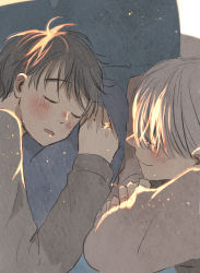 Rule 34 | 2boys, backlighting, bad id, bad pixiv id, black shirt, brown hair, brown shirt, closed eyes, closed mouth, crossed arms, evening, eyelashes, facing away, facing viewer, fingernails, from above, glint, grey hair, hand rest, happy, head rest, husband and husband, ima (minitomato123), jewelry, katsuki yuuri, light blush, light particles, long sleeves, male focus, messy hair, multiple boys, hugging object, open mouth, pillow, pillow hug, profile, ring, shirt, sleeping, sleeves past wrists, smile, sunlight, viktor nikiforov, wedding ring, yaoi, yuri!!! on ice
