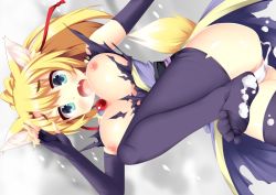Rule 34 | 10s, 1girl, animal ears, bad id, bad pixiv id, black thighhighs, blonde hair, blush, breasts, dog days, dog ears, dog tail, elbow gloves, fang, fingerless gloves, gloves, long hair, nipples, open mouth, solo, tail, thighhighs, torn clothes, yukikaze panettone, zen33n