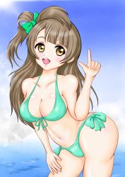 Rule 34 | 1girl, absurdres, artist name, artist request, bare legs, bare shoulders, bikini, blue sky, blush, bow, breasts, brown eyes, brown hair, cloud, collarbone, day, female focus, front-tie bikini top, front-tie top, green bikini, green bow, grey hair, hair bow, hair rings, highres, hip focus, light brown hair, long hair, looking at viewer, love live!, love live! school idol project, medium breasts, minami kotori, ocean, outdoors, parted lips, pointing, pointing up, ponytail, side-tie bikini bottom, side ponytail, sky, smile, solo, string bikini, sun, sunlight, swimsuit, thighhighs