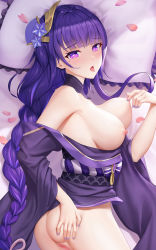Rule 34 | 1girl, ass, breasts, breasts out, censored, cleavage, flower, genshin impact, hair flower, hair ornament, hand on own hip, hand on own chest, japanese clothes, long hair, looking at viewer, lying, mosaic censoring, nail polish, nipples, on side, open mouth, pillow, purple eyes, purple hair, purple nails, raiden shogun, shadowgrave, solo, thighs, tongue, tongue out, very long hair