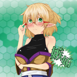 Rule 34 | 1girl, arm under breasts, bespectacled, black skirt, blonde hair, blush, breasts, brown shirt, closed mouth, comiket 85, commentary request, glasses, green eyes, hair between eyes, half updo, honeycomb (pattern), honeycomb background, large breasts, looking at viewer, mizuhashi parsee, pointy ears, red-framed eyewear, sash, shirt, short hair, short ponytail, short sleeves, skirt, sleeveless, sleeveless shirt, solo, suirennka (scar of mind), touhou, translation request, upper body, white sash