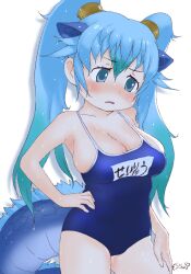 Rule 34 | 1girl, animal ears, blue eyes, blue hair, blue one-piece swimsuit, blush, breasts, bursting breasts, cleavage, dragon girl, dragon tail, hair between eyes, highres, kemono friends, large breasts, long hair, masuyama ryou, medium breasts, name tag, one-piece swimsuit, open mouth, school swimsuit, seiryuu (kemono friends), solo, swimsuit, tail, twintails, undersized clothes, wet