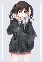 Rule 34 | 1girl, absurdres, backpack, bag, black eyes, black hair, black jacket, black skirt, buttons, collared shirt, commentary request, cowboy shot, drawstring, green necktie, grey background, hair between eyes, hand in pocket, hand up, highres, hood, hooded jacket, idolmaster, idolmaster cinderella girls, jacket, legs apart, long hair, long sleeves, looking at viewer, mask, miniskirt, mole, mole under eye, mouth mask, necktie, parted lips, pleated skirt, sasakichi (ssk chi), school uniform, sharp teeth, shirt, sidelocks, skirt, sleeves past wrists, solo, standing, striped background, striped necktie, striped neckwear, sunazuka akira, surgical mask, teeth, thighs, twintails, wavy hair, white shirt