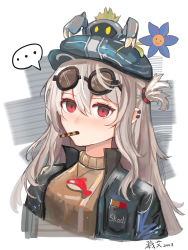Rule 34 | ..., 1girl, absurdres, animal, arknights, black jacket, blue flower, blue headwear, blush, brown sweater, character name, chinese commentary, commentary request, crab, crab on head, dated, earclip, eating, eyewear on head, flower, grey hair, hat, highres, jacket, jewelry, long hair, looking at viewer, luai (qq), metal crab (arknights), mouth hold, necklace, open clothes, open jacket, portrait, red eyes, side ponytail, skadi (arknights), spoken ellipsis, sunglasses, sweater, v-shaped eyes