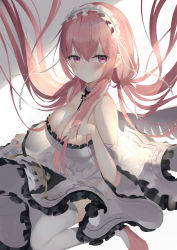 Rule 34 | 1girl, absurdres, azur lane, bare shoulders, breasts, cleavage, closed mouth, detached collar, dress, floating hair, frilled dress, frills, headdress, highres, large breasts, long hair, looking at viewer, low twintails, off-shoulder dress, off shoulder, perseus (azur lane), pink eyes, pink hair, solo, thighhighs, twintails, white background, white dress, white thighhighs, wings, zukan (db tyoutyo)