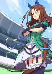 Rule 34 | 1girl, animal ears, bare shoulders, black gloves, blue sky, blurry, blurry background, blush, bow, brown hair, cowboy shot, dress, ear covers, expressionless, from below, garter straps, gloves, green bow, green dress, hair between eyes, harakomeshi, highres, horse ears, horse tail, king halo (umamusume), looking at viewer, looking down, off-shoulder dress, off shoulder, red eyes, skirt, sky, solo, tail, thighhighs, umamusume, white skirt