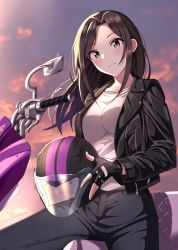 Rule 34 | 1girl, black gloves, black hair, black jacket, black pants, blush, breasts, brown eyes, closed mouth, cloud, commentary request, fingerless gloves, floating hair, forehead, gloves, unworn headwear, helmet, unworn helmet, highres, holding, holding helmet, idolmaster, idolmaster cinderella girls, idolmaster cinderella girls starlight stage, jacket, long hair, long sleeves, looking at viewer, medium breasts, motorcycle helmet, mukai takumi, open clothes, open jacket, outdoors, pants, parted bangs, shirt, sky, solo, sunset, sutoroa, white shirt
