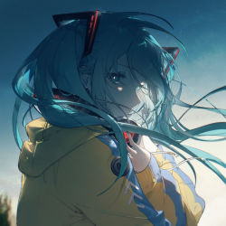 Rule 34 | 1girl, backlighting, blue eyes, blue hair, blue nails, blue sky, blue theme, blurry, blurry background, earrings, evening, expressionless, eyelashes, fingernails, floating hair, from side, glint, glowing, gradient sky, grey sky, hands up, hatsune miku, headphones, highres, hood, hood down, hoodie, jewelry, konya karasue, light particles, long hair, looking at viewer, looking to the side, nail polish, nature, outdoors, parted lips, profile, shaded face, sky, sleeves past wrists, solo, striped clothes, striped hoodie, tree, twintails, vocaloid, yellow hoodie